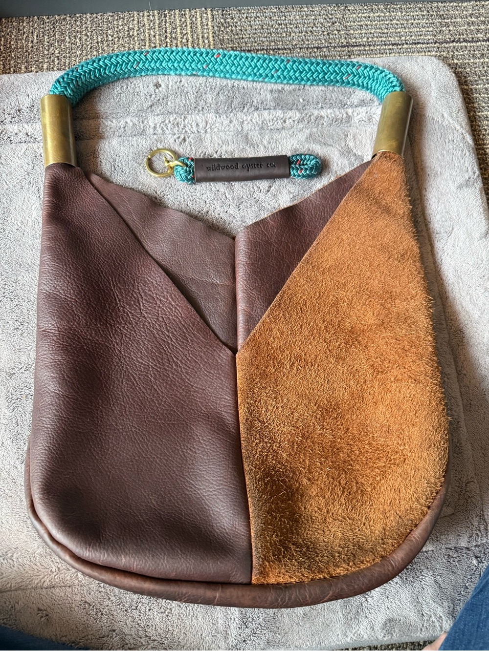 Wildwood Oyster Co. Leather & Suede Shoulder Bag with Teal Rope Handle 
Maine